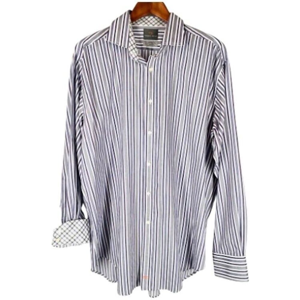 Thomas Dean Dress Shirt Size XL White Purple Grey Stripes Flip Collar Cuffs TD